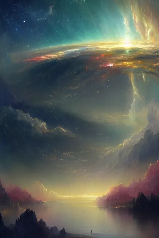 Prompt: A beautiful illustration of a >a colorful nebula kitten galaxy colored Ecru, art by J.M.W. Turner< in the distance landscape surrounded by a lake, hills, blue sky with big clouds by greg rutkowski,borisut chamnan, makoto shinkai and thomas cole, graphic art, anime culture,featured on behance, digital art wallpapers