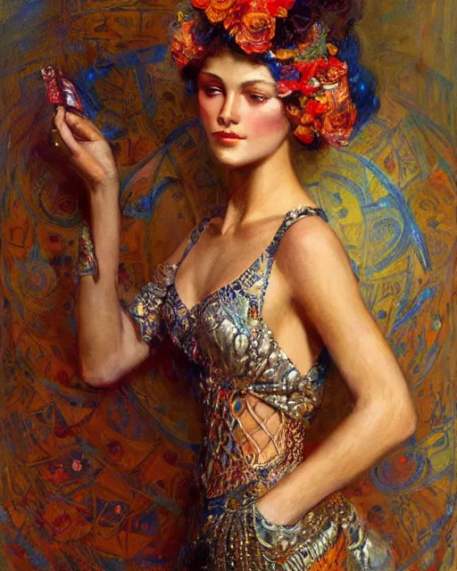 Image similar to an attractive fashion model wearing a complex dress surrounded by intricate geometric patterns. highly detailed painting by gaston bussiere, craig mullins, j. c. leyendecker 8 k