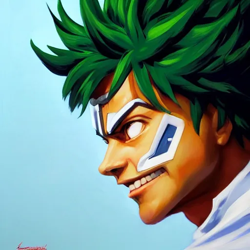 Image similar to greg manchess portrait painting of izuku midoriya as overwatch character, medium shot, asymmetrical, profile picture, organic painting, sunny day, matte painting, bold shapes, hard edges, street art, trending on artstation, by huang guangjian and gil elvgren and sachin teng