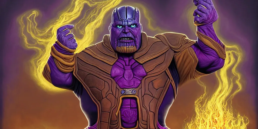 Image similar to south american thanos, as a matte oil painting and d & d character art, by alex grey, standing, fullbody, casting a magic spell, fog, concept art, award - winning, extremely detailed, sharp focus