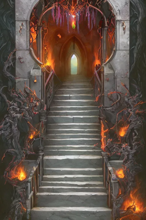 Prompt: matte glossy illustration painting of stone steps fantasy leading do a gothic doorway burning portal, artstation by emilia dziubak, will terry, greg olsen, chris mars, ann long, and mark brooks, gret ritkowski dramatic, architecture, colorful warcraft architecture