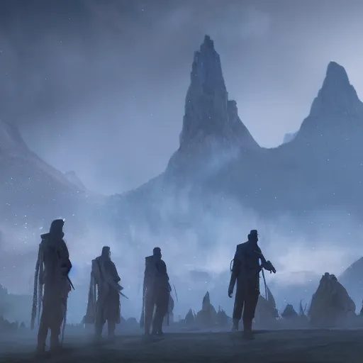 Prompt: huge plateau, extreme drama, distant glowing figures, hdr, movie still, fully photorealistic, artstation, beautiful concept art, sharp luminescent focus, nd 6, sony fx 6, glowing luminescent invocations