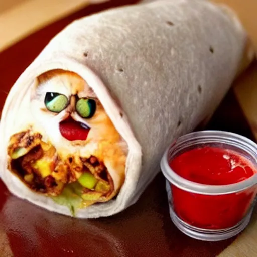 Prompt: a cute cat trapped in a burrito, covered in ketchup and mayonnaise