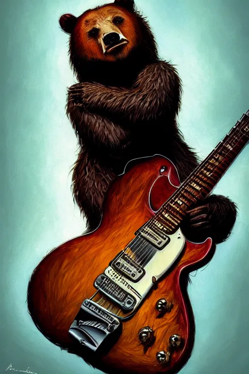 Image similar to realistic bear playing broken lines electric guitar, realistic portrait, symmetrical, highly detailed, digital painting, artstation, concept art, smooth, sharp focus, illustration, cinematic lighting, art by artgerm and greg rutkowski and alphonse mucha