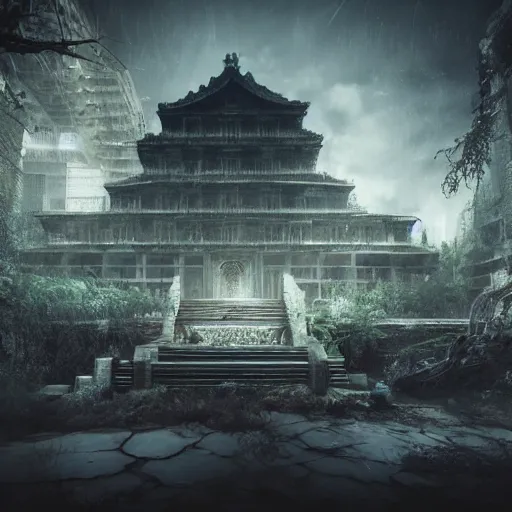 Prompt: scary ghost staying in the middle of abandoned huge temple, matte painting, hyper realistic render, cryengine, unreal engine, cyberpunk, dark art, digital art