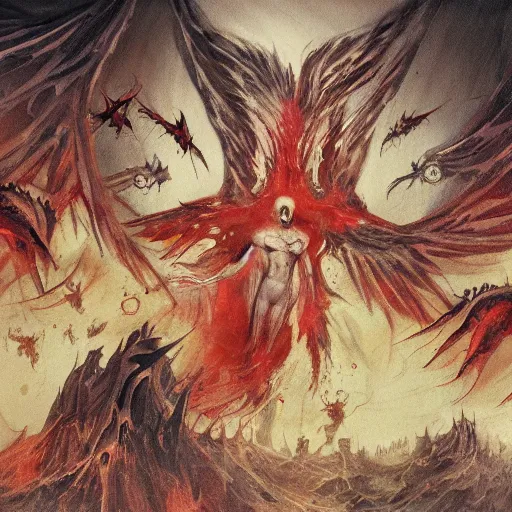 Image similar to the fall of lucifer in hell, oppressive and dark amotsphere with many shadows and dark red highlights, concept art by aleksandra waliszewska