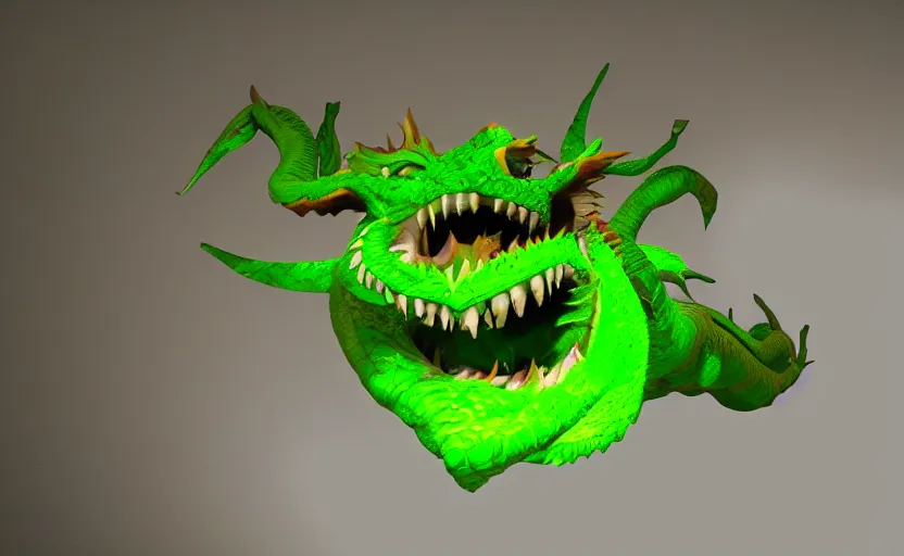 Image similar to green dragon, smiling, studio shot, volumetric lighting