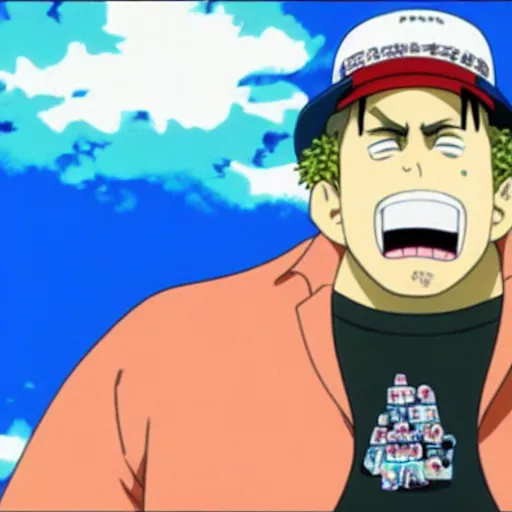 Prompt: A still of Jonah Hill with blonde hair wearing a tie dye t-shirt and a hat, smoking in One Piece Anime Series