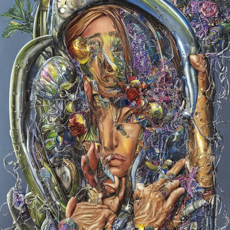 Image similar to portrait painting by wayne barlow and carlo crivelli and glenn fabry, a woman in a skintight silver shining spacesuit with colorful iridescent detailing, covered in bright colorful alien flora and fauna