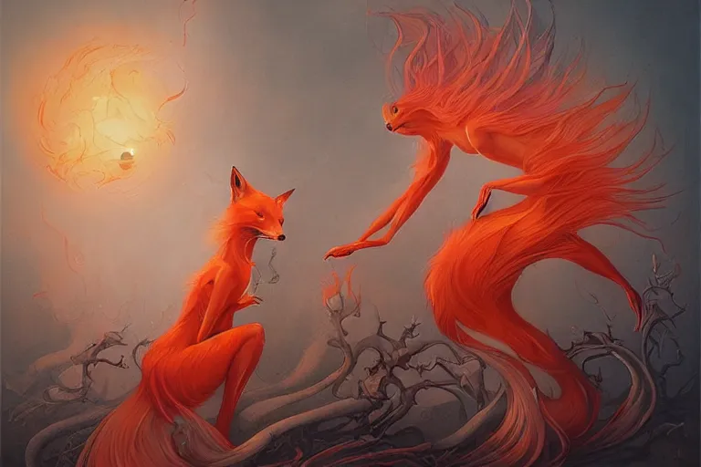 Image similar to prompt A beautiful red orange kumiho, nine fox tails, Peter Mohrbacher