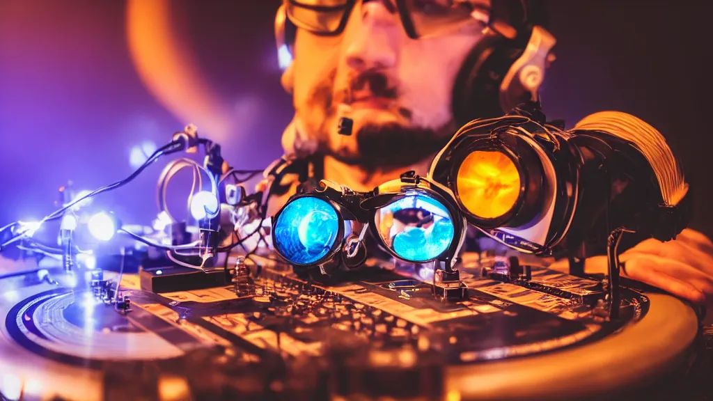 Prompt: a person wearing goggles and visor and headphones using a steampunk record player contraption, wires and tubes, turntablism dj scratching, intricate planetary gears, cinematic, imax, sharp focus, leds, bokeh, iridescent, black light, fog machine, hazy, lasers
