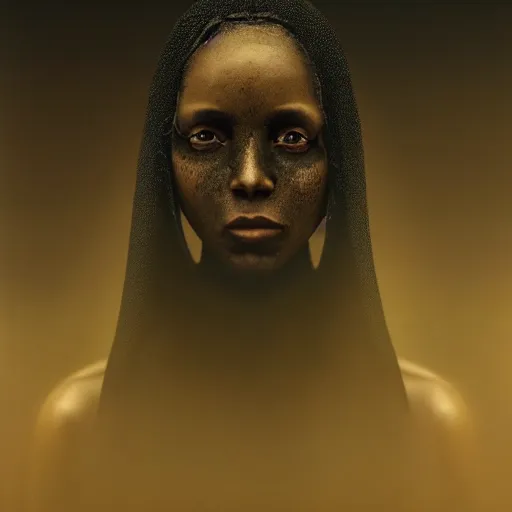 Image similar to a portrait of a young black woman wearing a long dark cloak, hood and shadows covering face, anatomically correct, beautiful perfect face, enigmatic, oil painting, matte painting, black background, Volumetric dynamic lighting, Highly Detailed, Cinematic Lighting, Unreal Engine, 8k, HD, by Beksinski