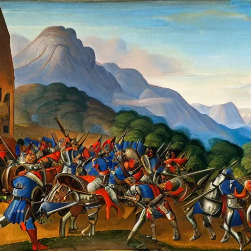 Image similar to wideshot of a medieval battle in front of a beautiful blue mountainscape, painting