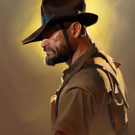 Image similar to greg manchess portrait painting of partially armored indiana jones as overwatch character, medium shot, asymmetrical, profile picture, organic painting, sunny day, matte painting, bold shapes, hard edges, street art, trending on artstation, by huang guangjian, gil elvgren, ruan jia, randy vargas, greg rutkowski