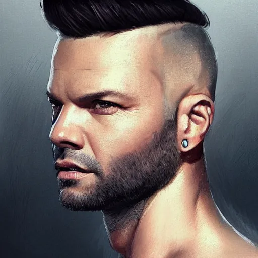 Prompt: portrait of a bald!!! ricky martin in mid thirties with gray designer stubble!!!!!!! by greg rutkowski, attractive, highly detailed portrait, scifi, digital painting, artstation, concept art, smooth, sharp foccus ilustration, artstation hq