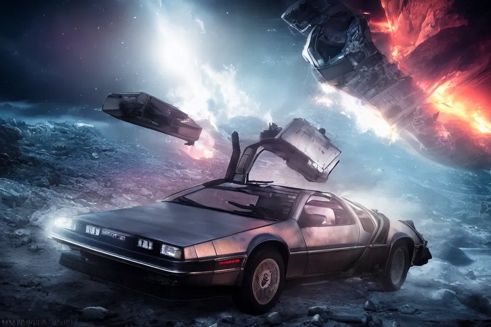 Prompt: ultra realistic delorean dmc 5 drifting on an ancient space highway wreckage in space, dark cinematic, volumetric, realistic, 3 d render, realistic render, cinematic lighting, volumetric lighting, atmospheric, cinematic, unreal engine 5, unreal engine render, octane render, hd, photorealism, hyper realistic, photo, 8 k