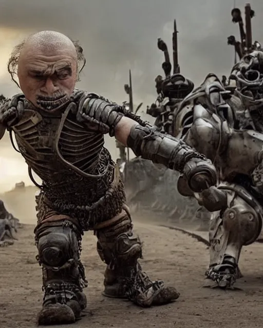 Image similar to a legless dwarf named master is strapped to the back of a mindless armored warrior called blaster, whom he rides like a horse. together they are known as master blaster. in the style of mad max beyond the thunderdome and director george miller, cinematic