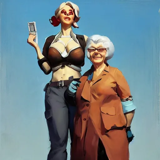 Image similar to greg manchess painting of two old ladies overwatch character, medium shot, asymmetrical, profile picture, organic painting, sunny day, matte painting, bold shapes, hard edges, street art, trending on artstation, by huang guangjian and gil elvgren and sachin teng