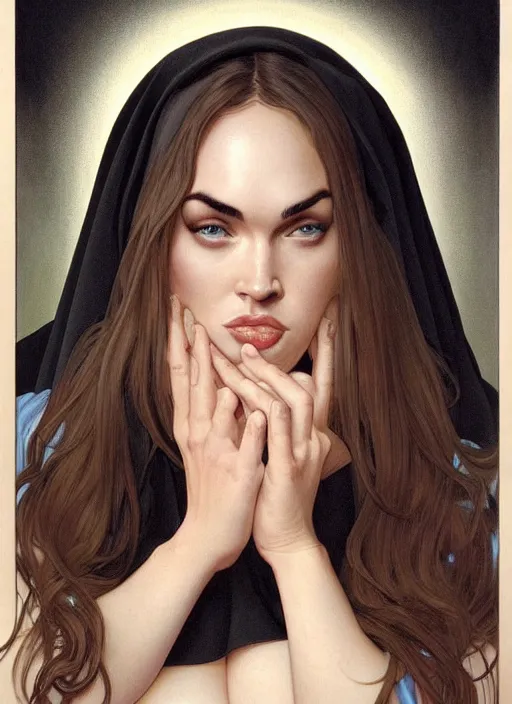 Image similar to portrait of a very obese megan fox as an obese sultry nun, catholic, church, bible, christianism, praying, intrigante, headshot, highly detailed, digital painting, artstation, concept art, sharp focus, cinematic lighting, illustration, art by artgerm and greg rutkowski, alphonse mucha, cgsociety