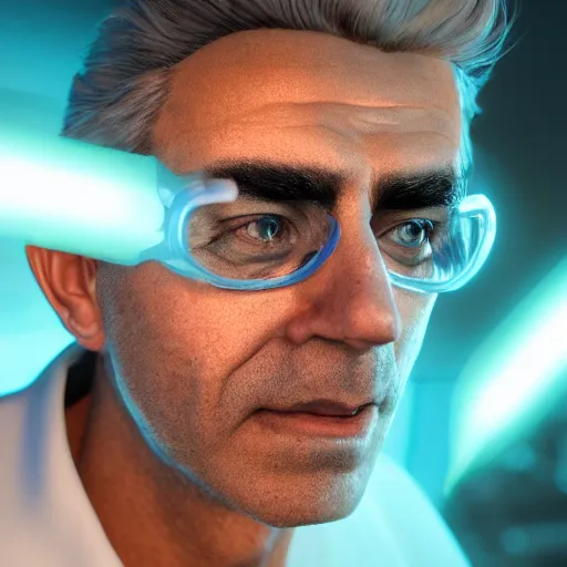 Image similar to portrait art of rick sanchez, lab coat, unibrow, 8 k ultra realistic, lens flare, atmosphere, glow, detailed, intricate, full of colour, cinematic lighting, trending on artstation, 4 k, hyperrealistic, focused, extreme details, unreal engine 5, cinematic, masterpiece