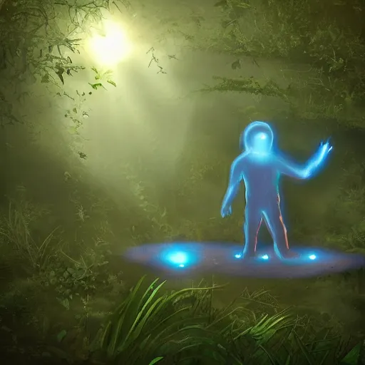 Prompt: a dirty lost person is following a small floating blue slightly glowing ball of light through the swampy forest, extremely detailed multiple unique different art styles.