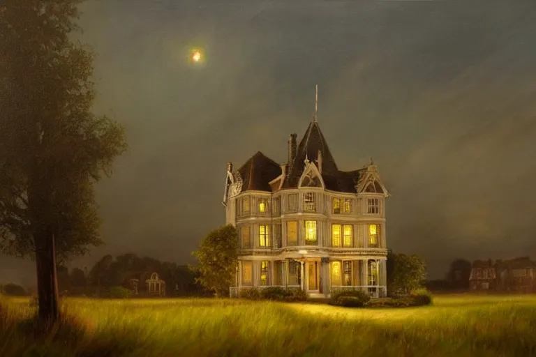 Prompt: a beautiful hyperrealistic painting of a british victorian house with a tower at night, very detailed by andrea kowch and samuel and joseph newsom