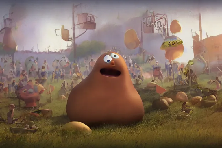 Image similar to the potato king appears before the large crowd of his subjects in all his glory, concept art, blender, googly eyes, realistic dirt.