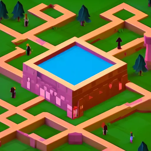 Prompt: isometric 3d video game level, castle in forest, monument valley style