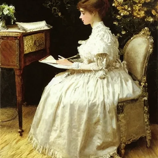 Image similar to victorian girl in ball gown writing a letter, painting by alfred stevens