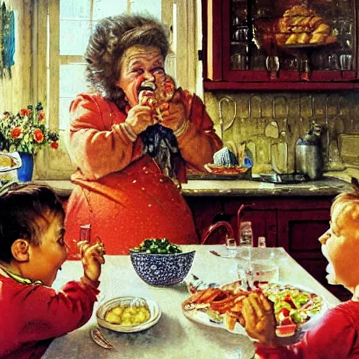 Prompt: hyper realistic hight detailed grandmother with a big mouth eating babies andivan shishkin on the table in the russian kitchen, by norman rockwell, bright colors, 4 k, 1 6 k, 3 2 k, photorealistic, cartoon style