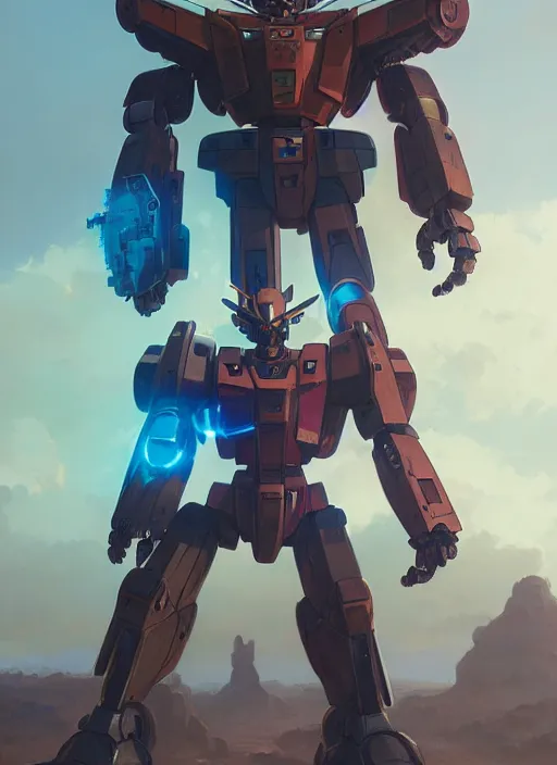 Image similar to highly detailed portrait of rusty gundam robot, stephen bliss, unreal engine, greg rutkowski, loish, rhads, beeple, makoto shinkai and lois van baarle, ilya kuvshinov, rossdraws, tom bagshaw, alphonse mucha, global illumination, god rays, detailed and intricate environment