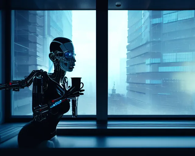 Prompt: terminator mechanical cyborg lady with borg enhancements and optical fibers and human face is drinking coffee near a window with dystopian city visible outside. very detailed 8 k. cyberpunk fantasy style. unreal engine render. global illumination. nanite. rtx. path tracing.