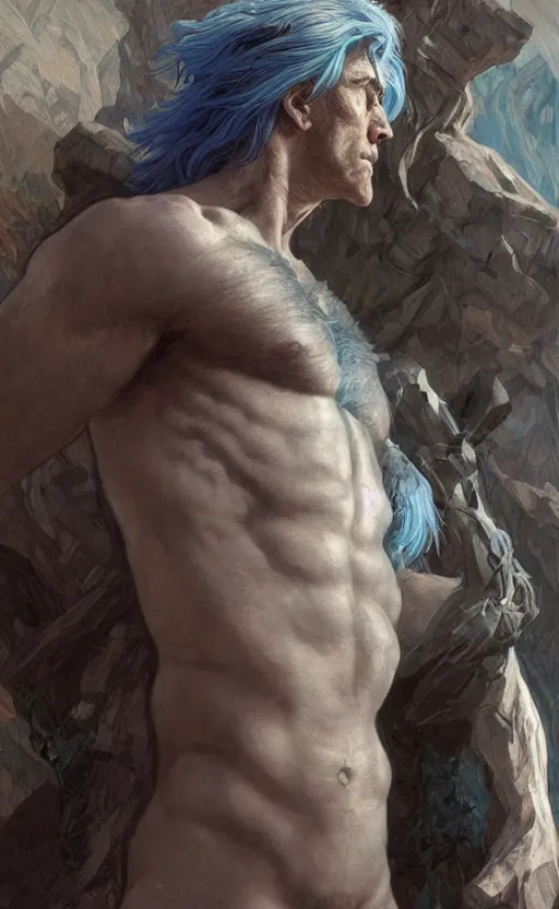 Image similar to rick sanchez, norse god, blue hair, masculine, mature, handsome, upper body, grey and silver, muscular, hairy torso, fantasy, intricate, muscular, elegant, highly detailed, digital painting, artstation, concept art, smooth, sharp focus, illustration, art by gaston bussiere and alphonse mucha