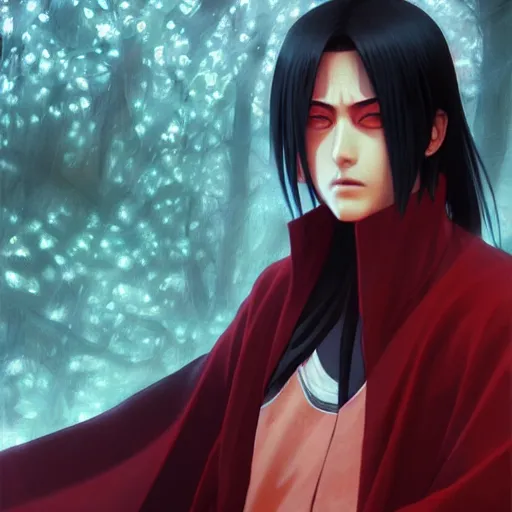 Image similar to itachi uchiha, red glowing eyes, intricate, elegant, highly detailed, digital painting, artstation, concept art, smooth, sharp focus, illustration, art by artgerm and greg rutkowski and alphonse mucha