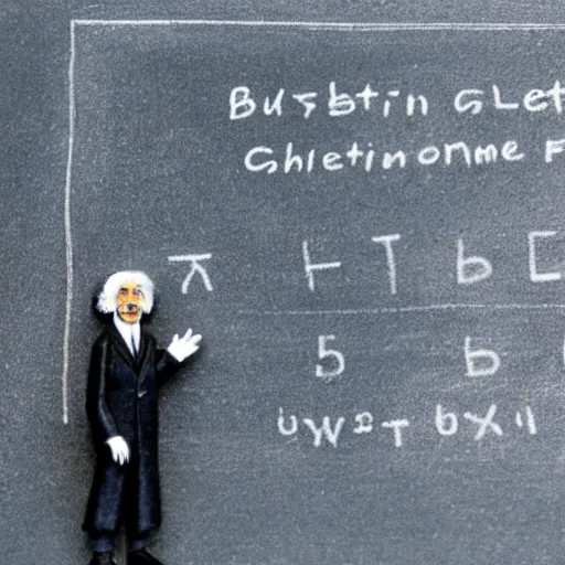 Image similar to claymation miniature scene of albert einstein standing in front of miniature blackboard with lots of mathematical formulas chalked on