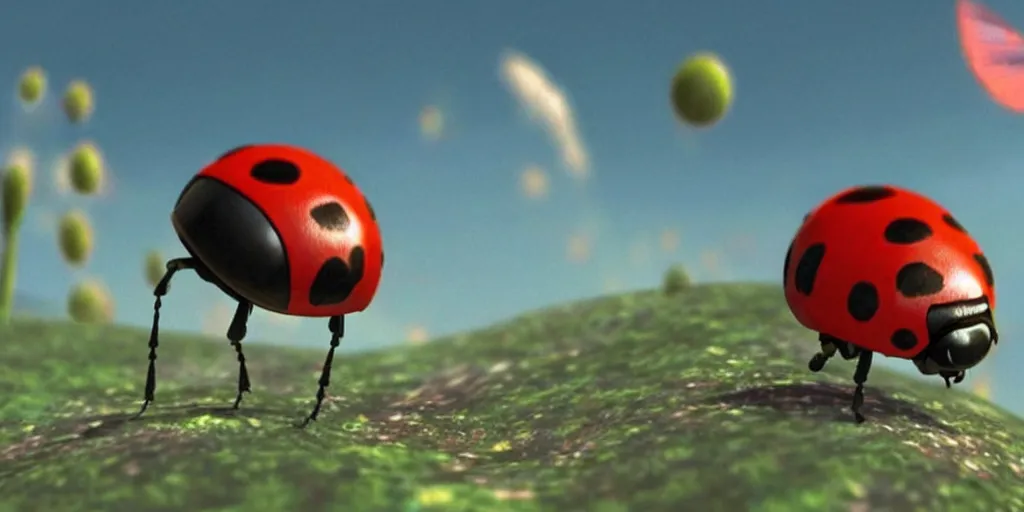 Image similar to a 3 d rendered movie still a ladybug descendant 1 million into the future. the ladybug is sentient, wears a spacesuit, and explores cosmos in a super awesome space ship. science fiction blockbuster movie ladybugs rule the world or my stepmom is a ladybug from the future, imax 7 0 mm. 2 0 0 1 a space odyssey ( film )
