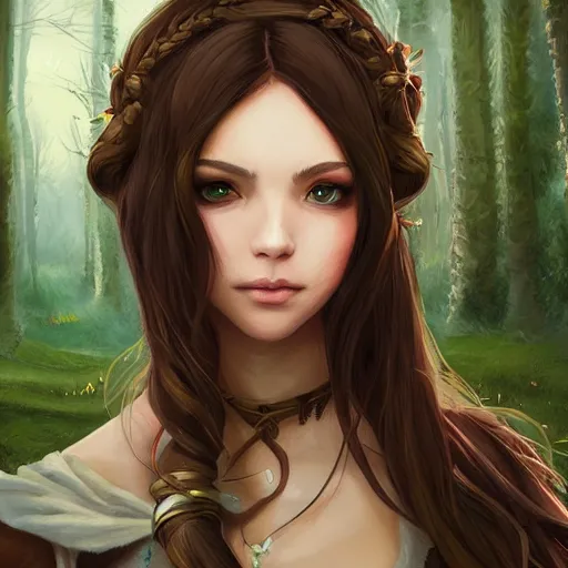 Prompt: portrait of a young beautiful woman with long dark brown hair, green eyes, tan skin, wearing a medieval fantasy outfit, forest landscape, nightime, fantasy, ambient lighting, 4k, anime key visual, charlie bowater, lois van baarle, ilya kuvshinov, rossdraws, artstation