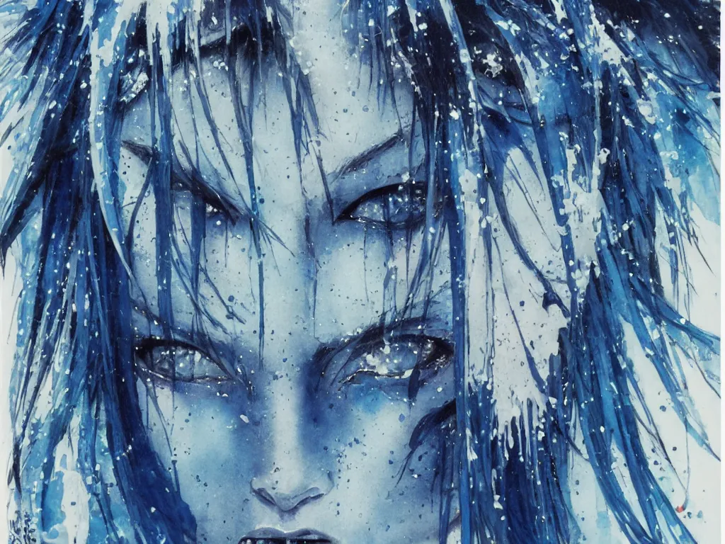 Prompt: the piercing blue eyed stare of yuki onna, freezing blue skin, painted in watercolor by yoji shinkawa, asymmetric, rule of thirds