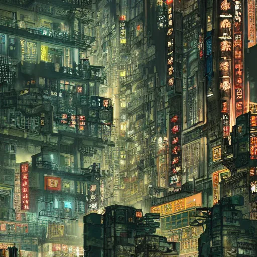 Prompt: Kowloon Walled City cyberpunk, mediumdetailed, night