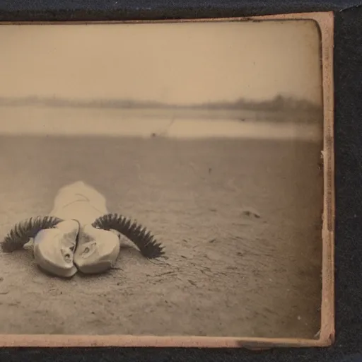 Image similar to tintype photo, swimming deep underwater, centipede