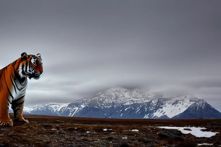 Prompt: arctic landscape wide angle, mountains fully covered in snow in the background, a tiger looking at the mountains, wide angle, 1 8 mm, depth of field, foggy, moody, atmospheric, by alexander calder