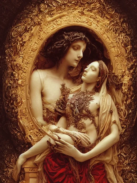 Image similar to a beautiful render of a baroque catholic veiled red queen with symmetry intricate detailed heart sculpture,pieta.by Lawrence Alma-Tadema, peter gric,aaron horkey,Billelis,trending on pinterest,hyperreal,jewelry,gold,intricate,maximalist,glittering,golden ratio,cinematic lighting