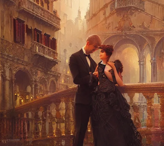 Image similar to photography of a 1 8 th couple in venice with fireworks, deep focus, intricate, elegant, highly detailed, digital painting, artstation, concept art, matte, sharp focus, illustration, art by artgerm and greg rutkowski and alphonse mucha and gil elvgren