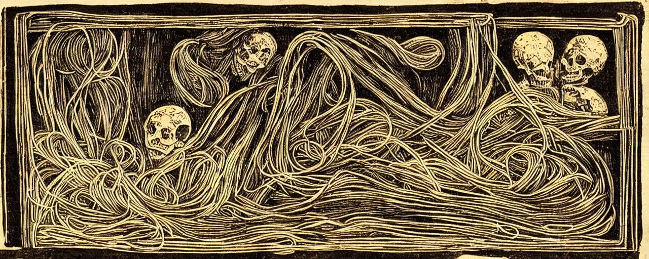 Prompt: ancient book with images of spaghetti, in the style of the book of the dead, fine detail,
