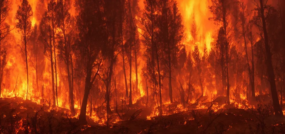 Image similar to full portrait of a forest fire, inferno, smoke, flames, dark, gloomy, horror, screaming, a small farm is burning in the distance, insanely detailed, photorealistic, cinematic, dramatic lighting,