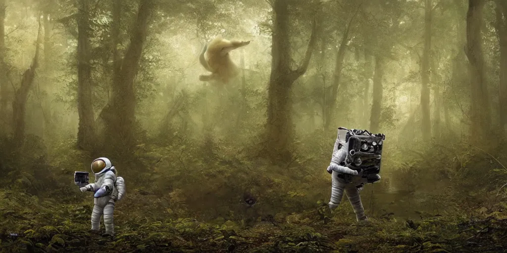 Image similar to an astronaut comes a across a strange furry creature in a forest, a detailed matte painting by frieke janssens, featured on cgsociety, fantasy art, matte painting, reimagined by industrial light and magic, matte drawing