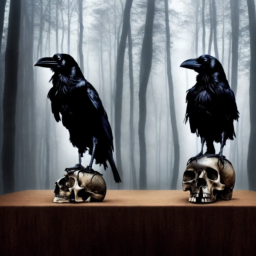 Prompt: a Raven standing on human skull on a table in a foggy forest, by Casey Baugh, Steve Caldwell, Gottfried Helnwein, and Artgerm, 8k resolution, masterpiece work.