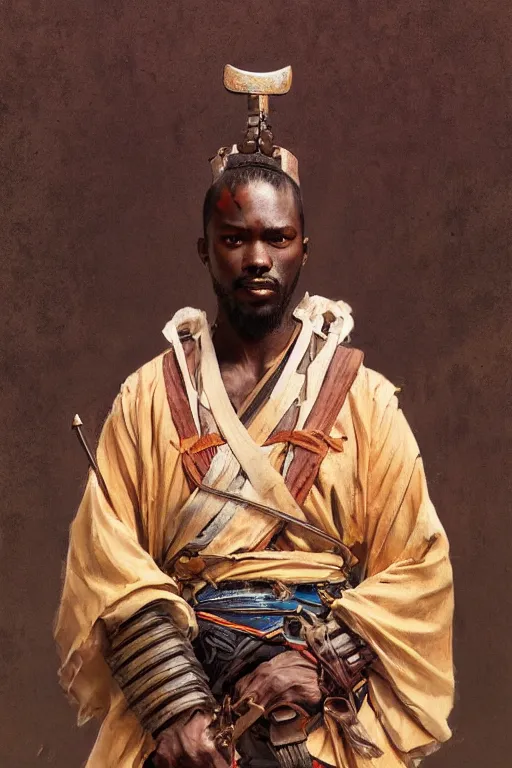 Image similar to a full body fantasy portrait oil painting illustration of an African samurai by Justin Sweet and Greg Rutkowski and Alphonse Mucha with face and body clearly visible, visible pupils, d&d, rpg, forgotten realms, artstation trending, high quality, sombre mood, artstation trending, muted colours, no crop, entire character!,