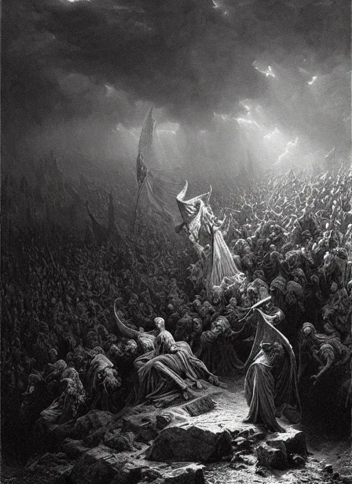 Image similar to hell, epic scene, photorealistic, highly detailed, texture, soft light, dramatic, moody, ambient, painting by gustave dore