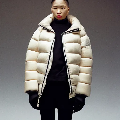 Image similar to realistic photoshooting for a new balenciaga lookbook, color film photography, portrait of a blonde asian woman, model wearing a puffer jacket, photo in style of tyler mitchell, 3 5 mm,